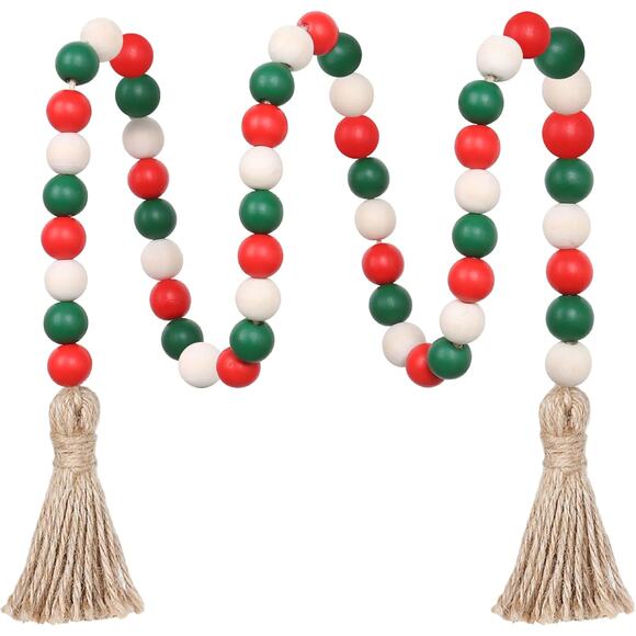 Christmas Wood Bead Garland 39in Farmhouse Tassel Decor Tree Wall Tray - Picture 1 of 6